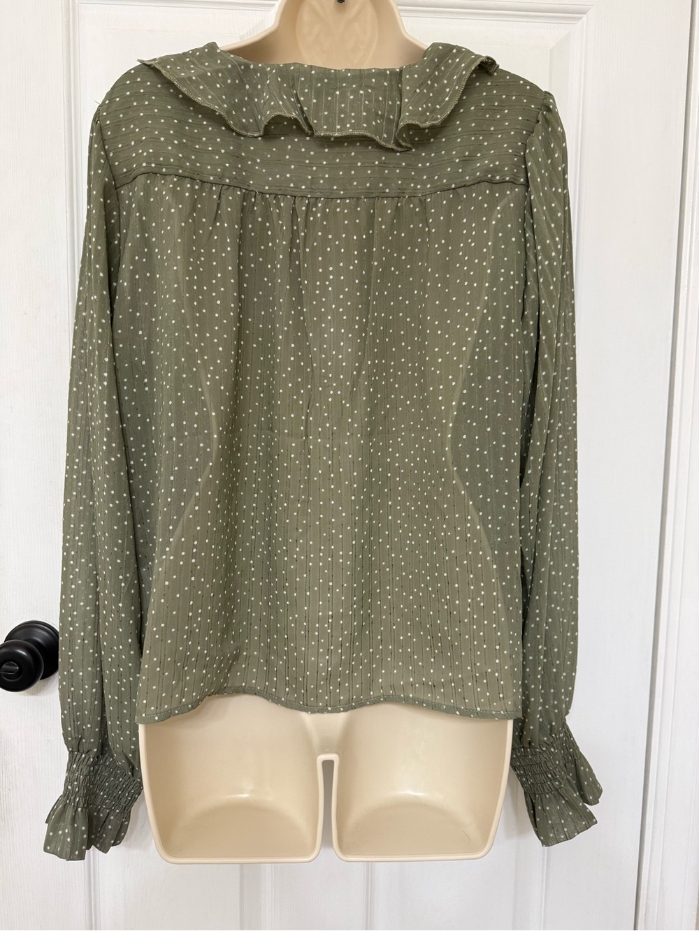 And Now This Green Polka Dot Ruffle Blouse Long Sleeve Sheer XL - Picture 4 of 14